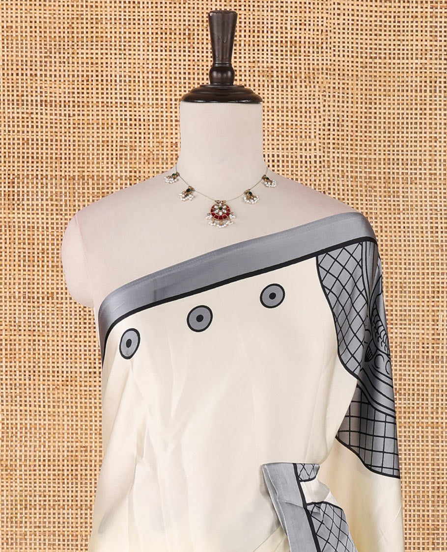 Cream printed semi-modal silk saree,  contrast grey border of kathakali motif enclosed semi-circle, kathakali printed pallu & printed blouse