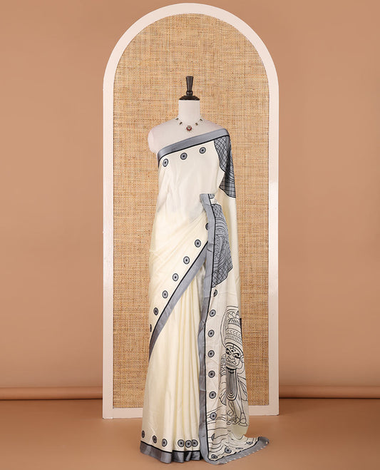 Cream printed semi-modal silk saree,  contrast grey border of kathakali motif enclosed semi-circle, kathakali printed pallu & printed blouse