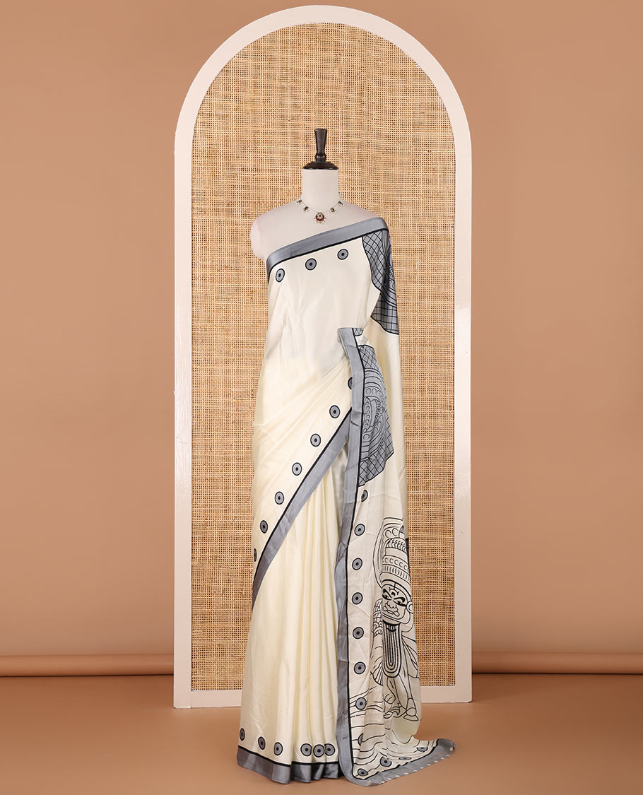 Cream printed semi-modal silk saree,  contrast grey border of kathakali motif enclosed semi-circle, kathakali printed pallu & printed blouse