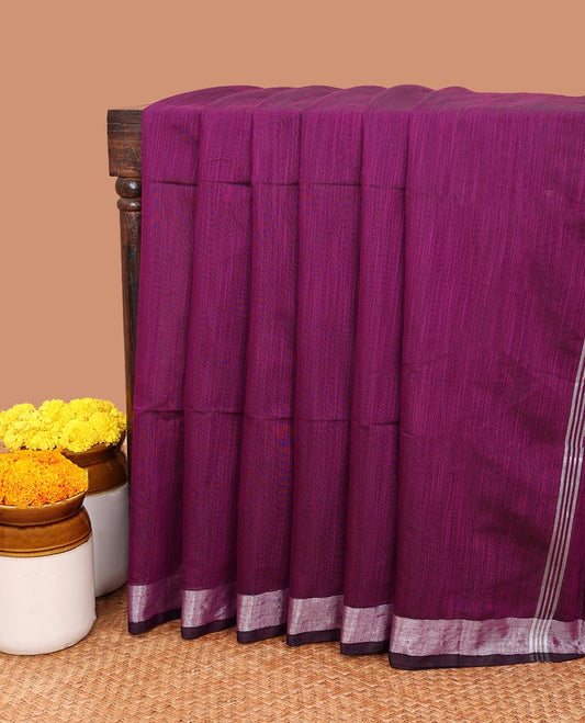 Purple linen saree with self- border & striped pallu