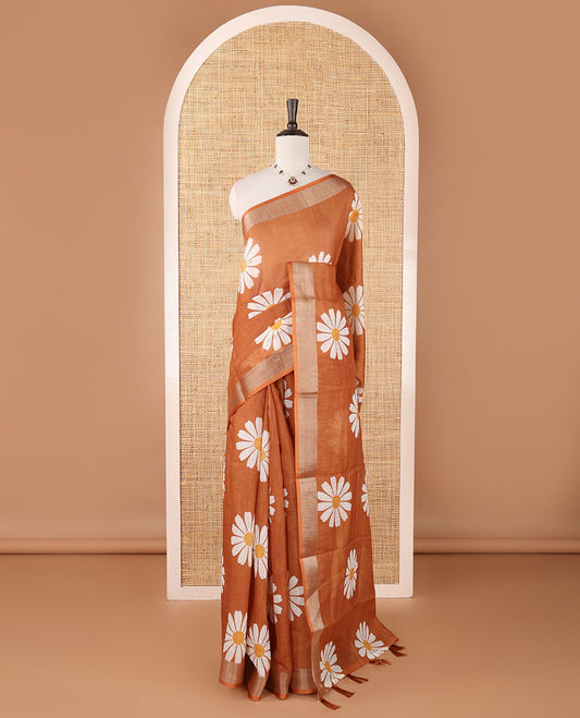 Beige pink sunflower motif printed linen saree, silver zari plain border & small sunflower motif print blouse