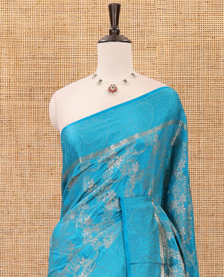 Blue floral jaal jacquard fancy tussar saree, zari floral design border, tissue lining pallu & floral jaal zari matching blouse