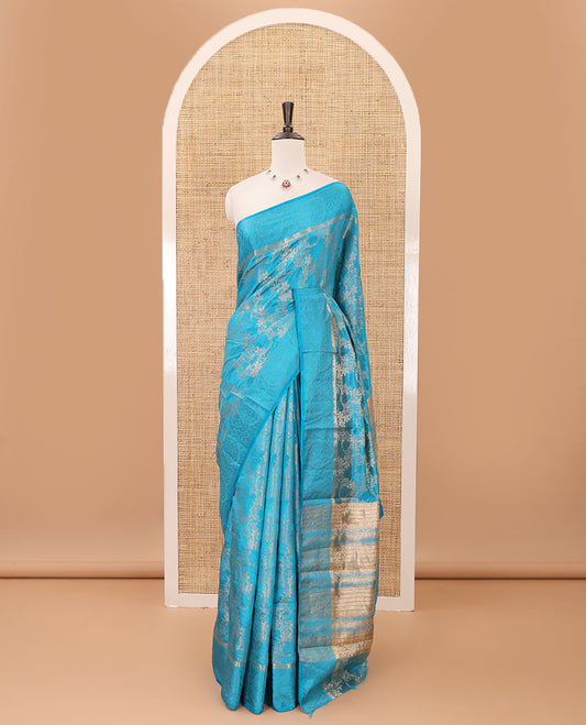 Blue floral jaal jacquard fancy tussar saree, zari floral design border, tissue lining pallu & floral jaal zari matching blouse