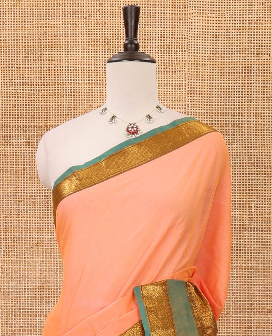 Pink plain design chettinadu cotton saree, contrast rudraksham & peaocck zari rettai pettu border, striped pallu & plain blouse