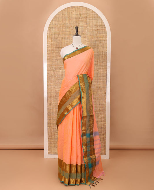 Pink plain design chettinadu cotton saree, contrast rudraksham & peaocck zari rettai pettu border, striped pallu & plain blouse