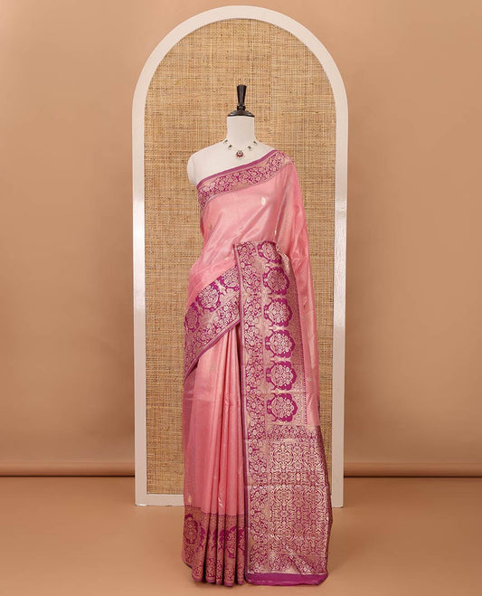 Pink Antique buttas twill tissue saree, contrast satin thread woven border & pallu of mughal-style motifs & buttas purple blouse