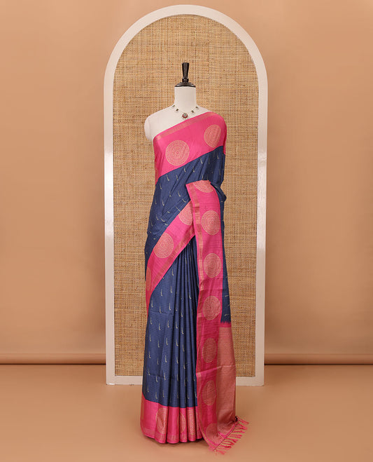 Navy blue horizontal stripes & muniya buttas katan silk saree, contrast chakram butta border, weaving-style print pallu & contrast print blouse