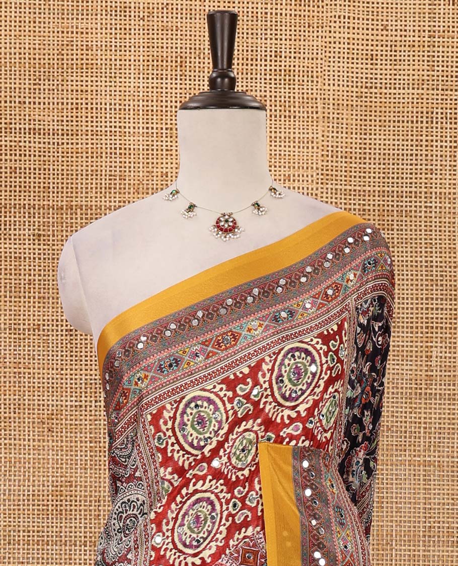 Gold-base colorful Mughal-style motifs printed & real mirror embroidery masakali saree, self-border &  pallu of print & mirror work