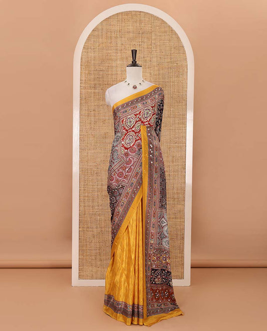 Gold-base colorful Mughal-style motifs printed & real mirror embroidery masakali saree, self-border &  pallu of print & mirror work
