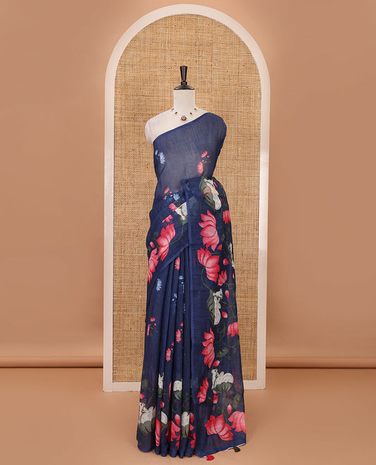 Borderless navy blue Pichwai cow & lotus motifs printed linen saree, pallu of Pichwai cow & lotus print & matching lotus print blouse