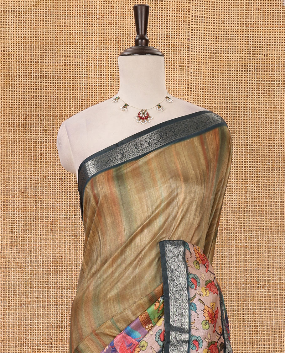 Olive green tie-dye & human motifs enclosed arcs printed semi-tussar saree,contrast traditional zari rettai pettu floral print border, print pallu & contrast blouse
