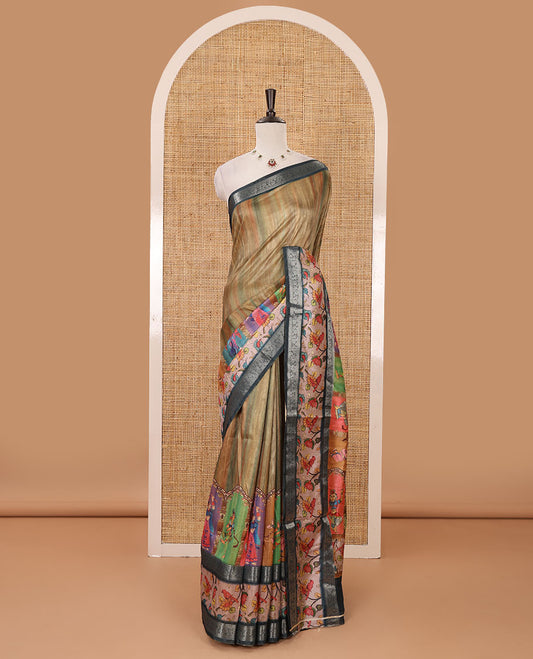 Olive green tie-dye & human motifs enclosed arcs printed semi-tussar saree,contrast traditional zari rettai pettu floral print border, print pallu & contrast blouse