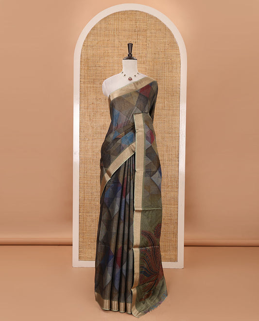 Olive green geometric-abstract printed black spun linen saree, zari piping border, Madhubani peacock printed pallu & Madhubani printed blouse