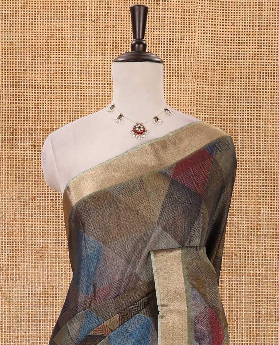 Olive green geometric-abstract printed black spun linen saree, zari piping border, Madhubani peacock printed pallu & Madhubani printed blouse