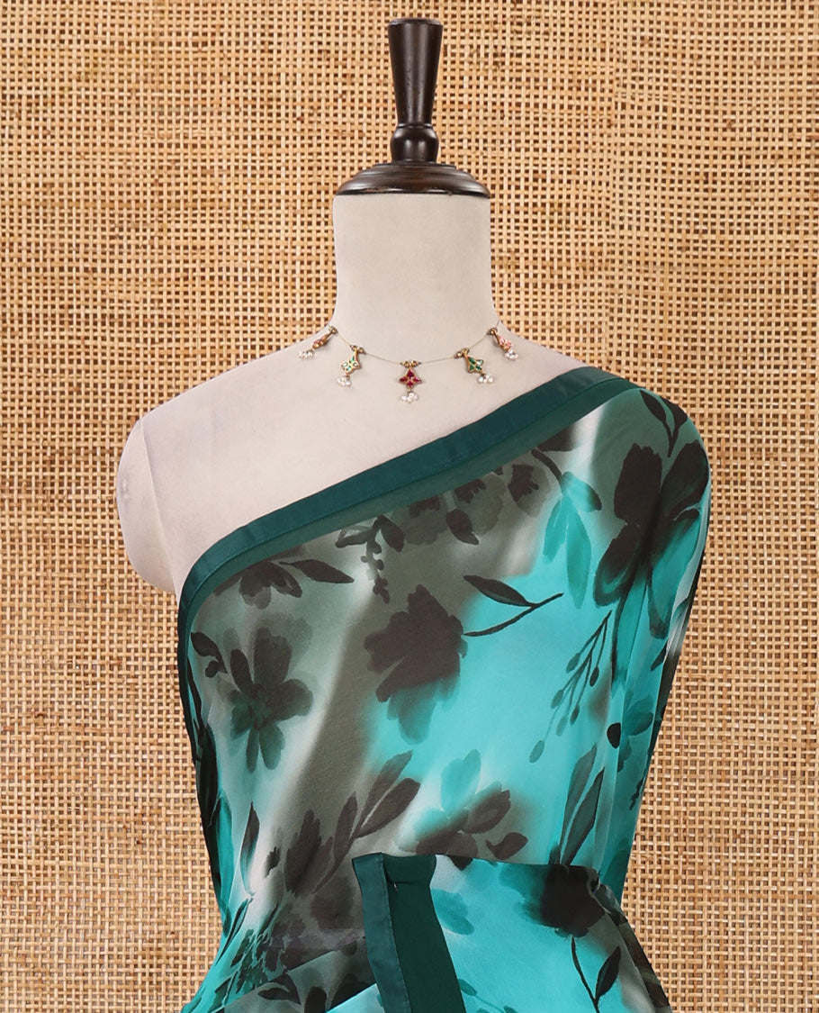 Rama-green floral digital printed georgette saree, plain satin lace border & matching printed blouse