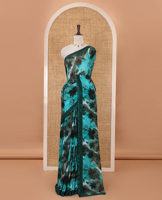 Rama-green floral digital printed georgette saree, plain satin lace border & matching printed blouse