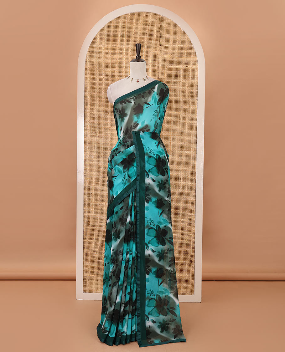 Rama-green floral digital printed georgette saree, plain satin lace border & matching printed blouse