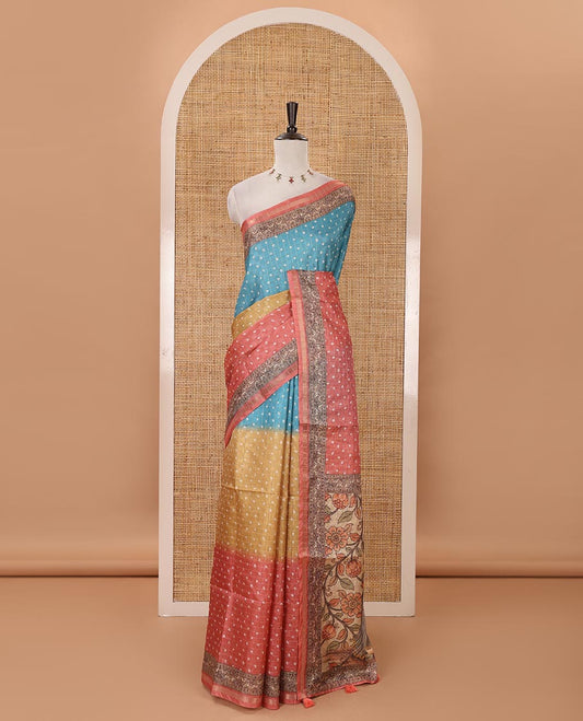 Orange 3D-dying with bandhani printed design kota saree , self printed border , radhe and kalamkari style printed pallu & contrast printed blouse