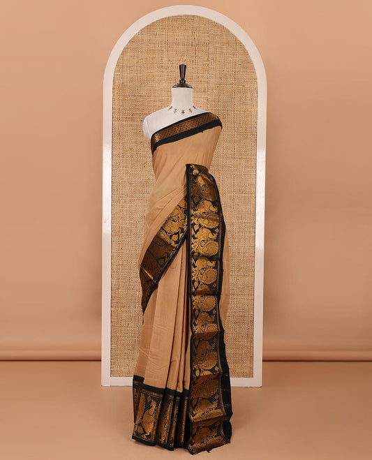 Chikku plain sungudi cotton saree, contrast big annam motifs woven zari border, zari striped pallu & zari design blouse