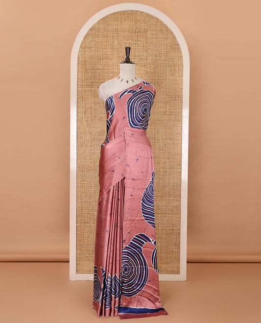 Borderless onion pink batik-style spiral printed satin crepe saree, printed pallu & matching printed blouse