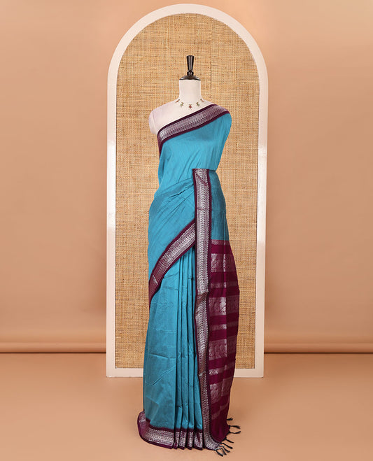 Blue full-plain Kalyani cotton saree, contrast traditional zari design border, zari design steeped pallu & contrast plain blouse