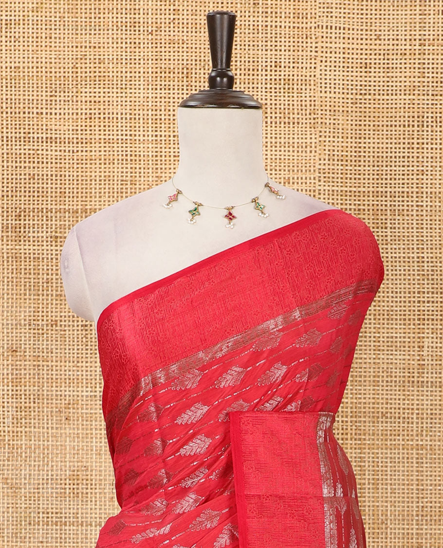 Rani pink zari & resham thread arrow design woven art silk saree, zari design satin embossed border & matching blouse