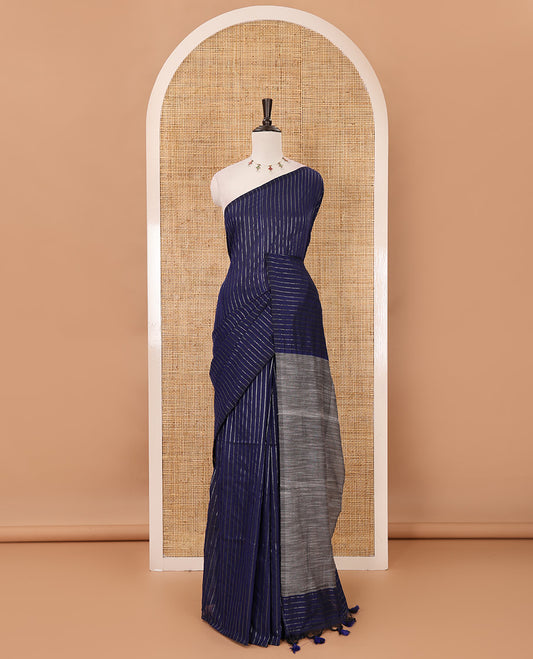 Borderless blue vertical striped khadi cotton saree, contrast grey plain pallu & matching plain blouse
