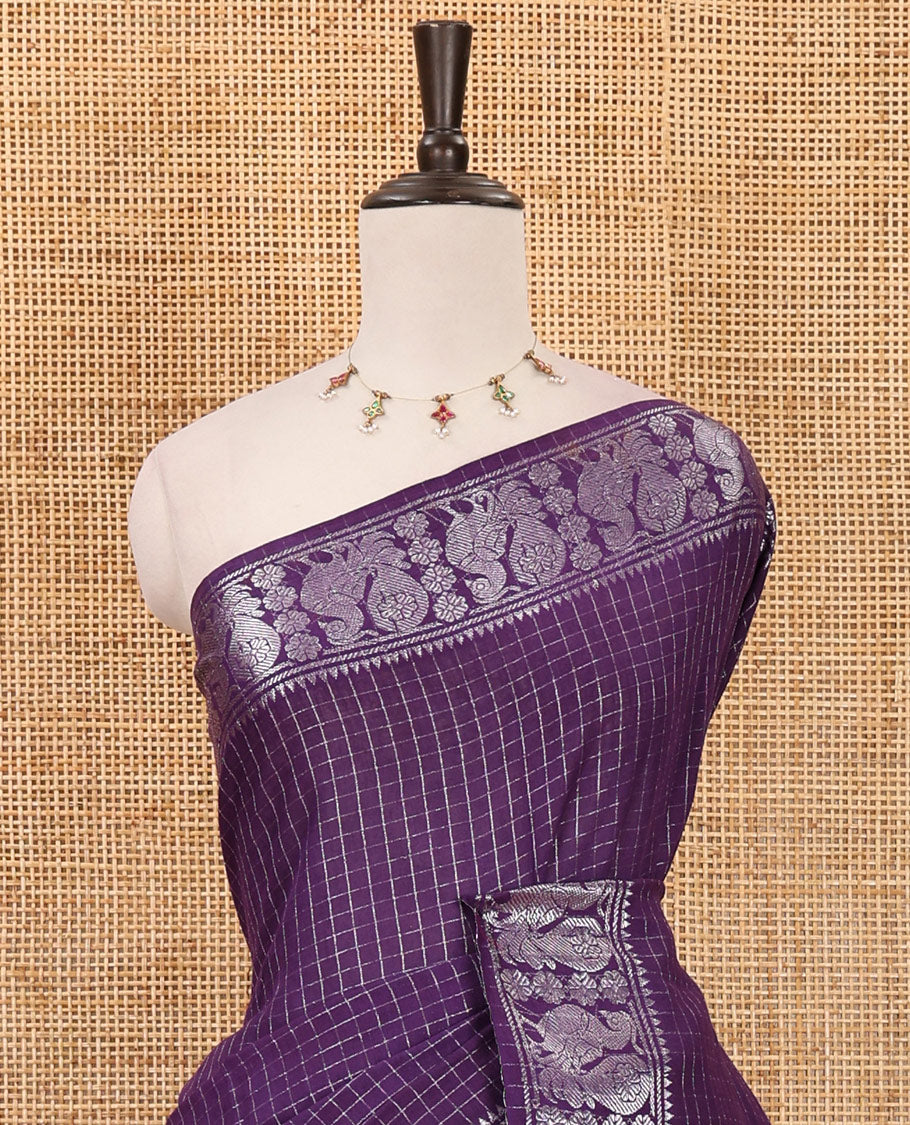 Violet  zari checked Sungudi cotton saree, zari annam motifs woven border, zari striped pallu & contrast zari checked blouse