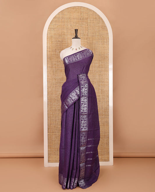 Violet  zari checked Sungudi cotton saree, zari annam motifs woven border, zari striped pallu & contrast zari checked blouse
