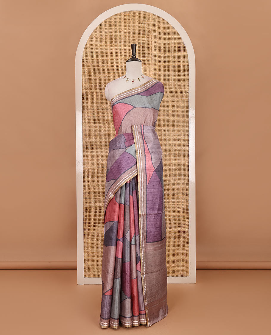 Purple abstract geometric printed semi-tussar saree, contrast thread triangle motifs border, striped pallu & contrast striped blouse