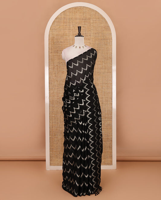 Borderless black zig-zag stripes foil printed rangoli saree, running blouse