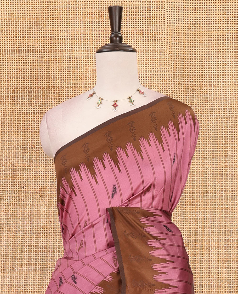 Onion pink vertical striped & parrot motifs kanchi silk saree, contrast satin temple border, zari-rich jaal pallu & contrast zari design blouse
