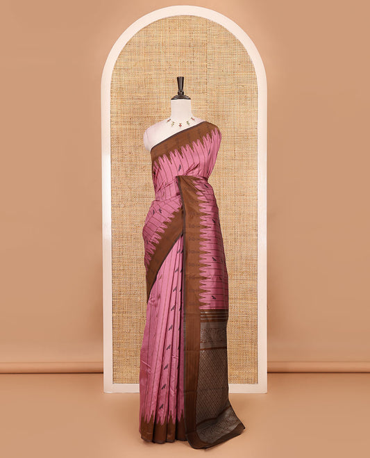 Onion pink vertical striped & parrot motifs kanchi silk saree, contrast satin temple border, zari-rich jaal pallu & contrast zari design blouse