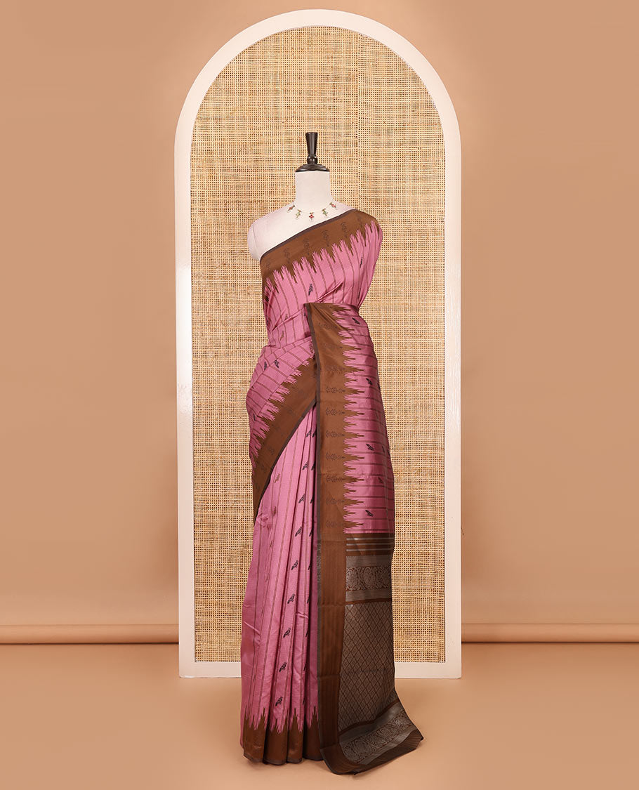Onion pink vertical striped & parrot motifs kanchi silk saree, contrast satin temple border, zari-rich jaal pallu & contrast zari design blouse