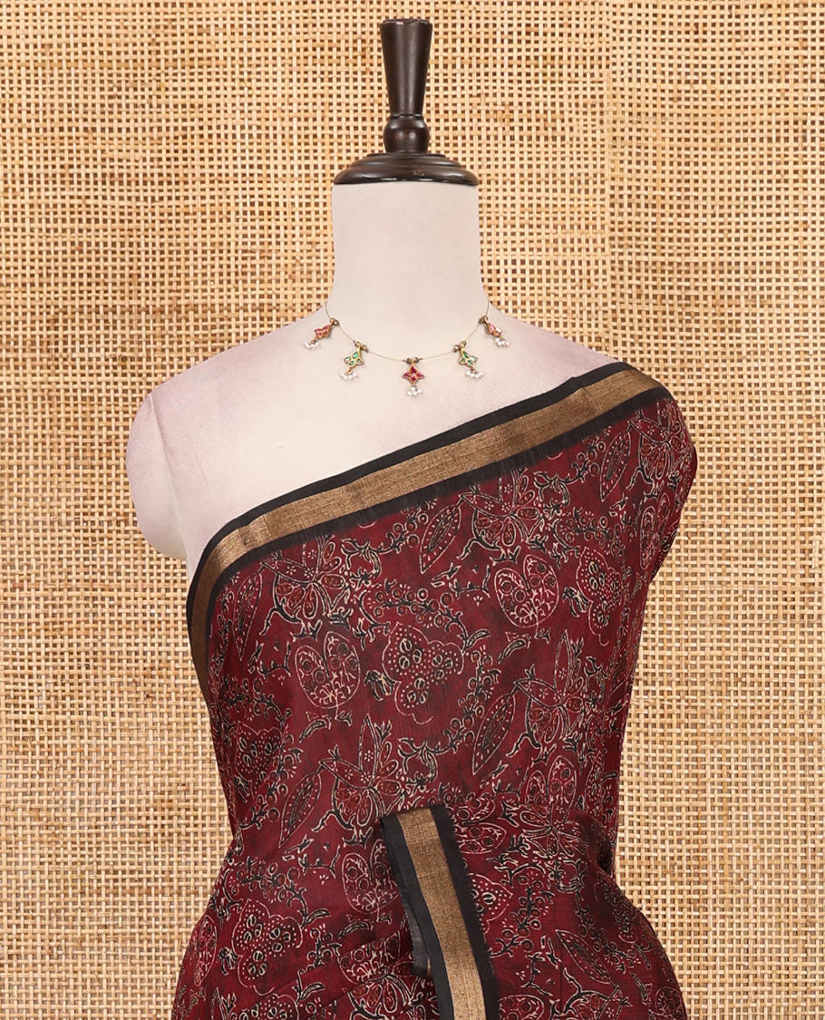 Maroon Ajrakh-style printed Muslin cotton saree, contrast zari border, Ajrakh printed pallu & contarst buttas printed blouse