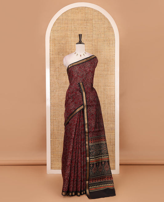 Maroon Ajrakh-style printed Muslin cotton saree, contrast zari border, Ajrakh printed pallu & contarst buttas printed blouse