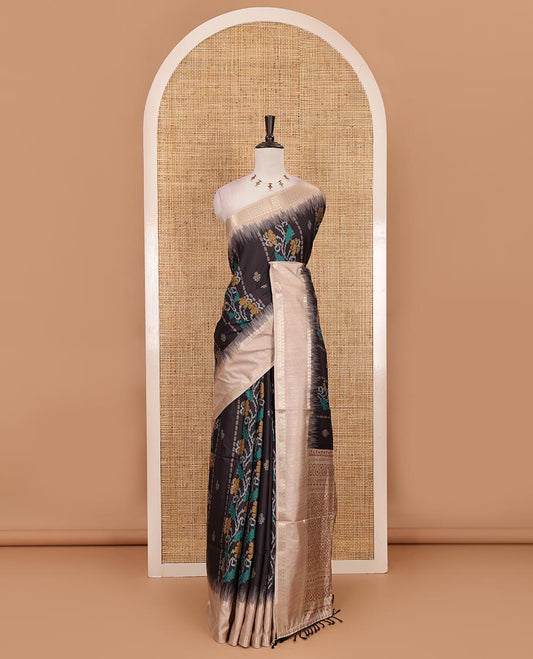 Black Jamdani-style floral printed katan silk saree, contrast bentex border, geometric printed pallu, and contact printed blouse