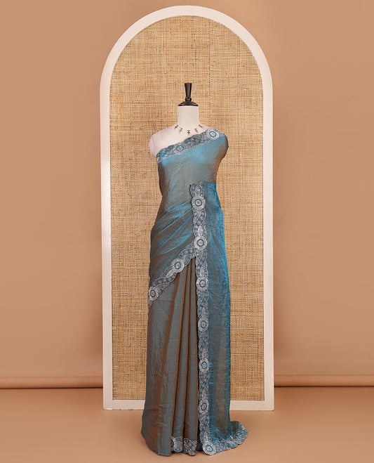 Peacock blue full-plain fendy chiffon saree, scallop swarovski stone work geometric border and contrast plain blouse