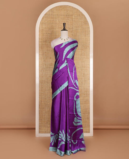Borderless purple  abstract style vines batik printed Gajji silk saree, printed pallu, and plain blouse