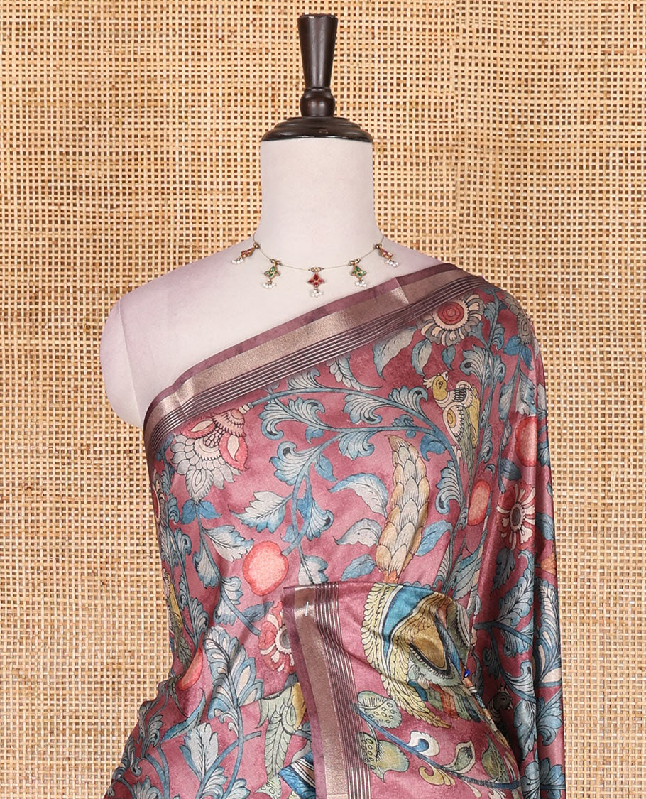 Pink-base multi-color kalamkari floral-vine and peacocks printed semi-tussar saree, gold zari piping border, kalamkari printed pallu, and contrast printed blouse