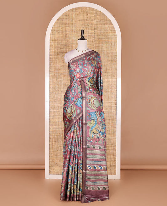 Pink-base multi-color kalamkari floral-vine and peacocks printed semi-tussar saree, gold zari piping border, kalamkari printed pallu, and contrast printed blouse