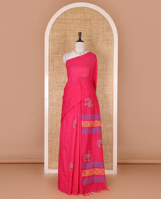 Borderless rani pink camel motifs and geometric patterns, handblock printed poly cotton saree, handblock printed pallu, and contrast printed blouse