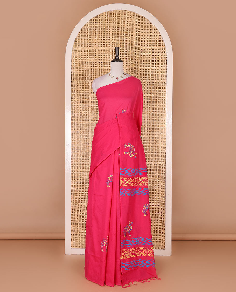 Borderless rani pink camel motifs and geometric patterns, handblock printed poly cotton saree, handblock printed pallu, and contrast printed blouse