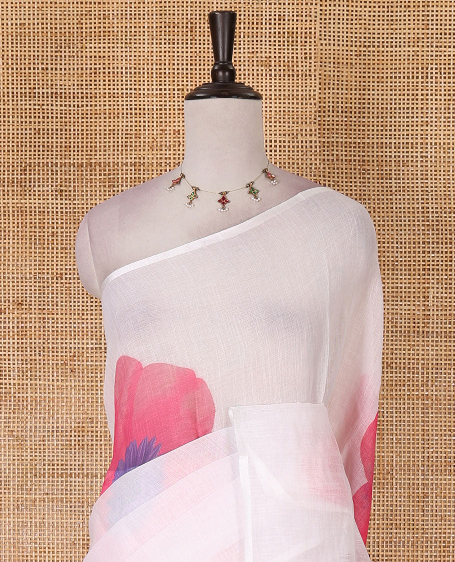 Borderless white and pink floral printed linen cotton saree, contrast plain blouse