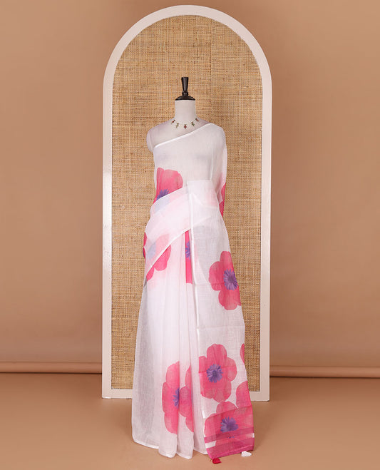 Borderless white and pink floral printed linen cotton saree, contrast plain blouse