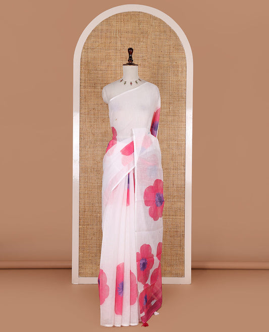 Borderless white and pink floral printed linen cotton saree, contrast plain blouse