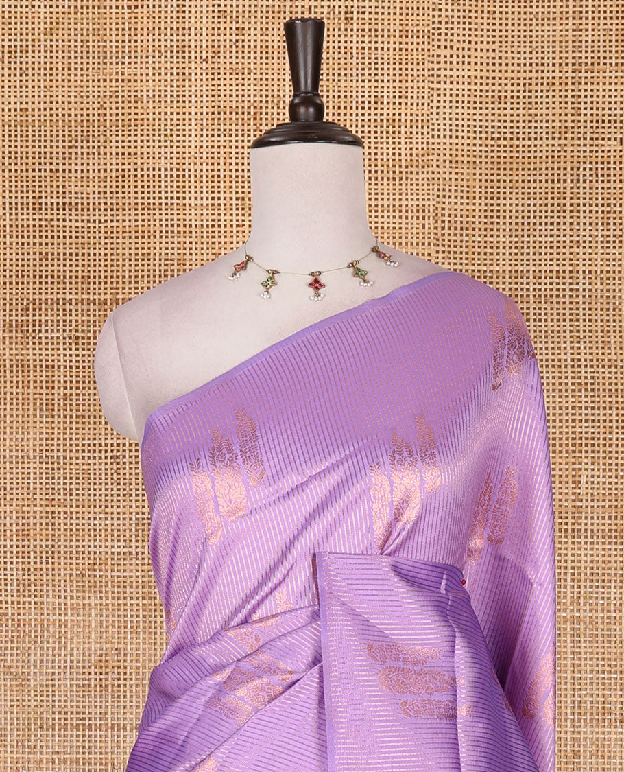 Borderless lavender stripes and zari floral buttas elite soft silk saree, contrast ogee patterned zari pallu, and contrast zari design blouse
