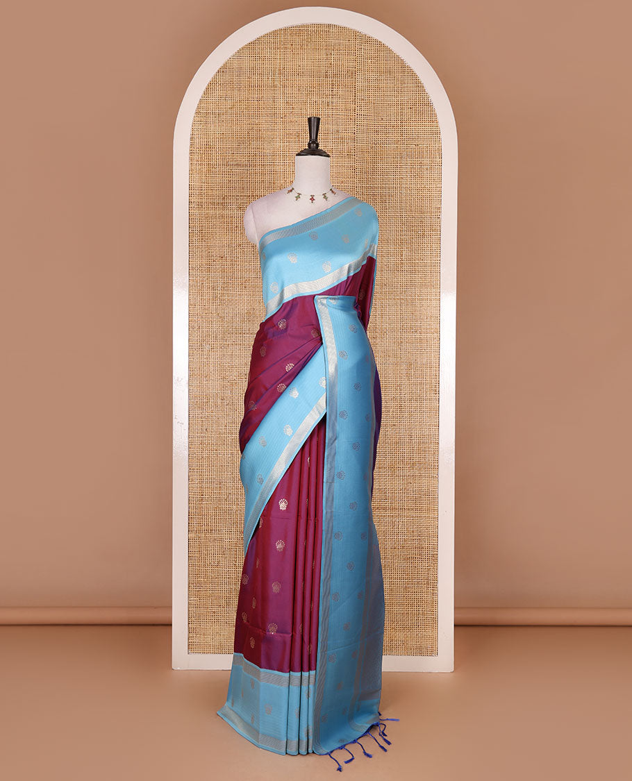 Majenta zari buttas soft silk saree, contrast zari design border, intricate jaal pallu, and contrast zari design blouse