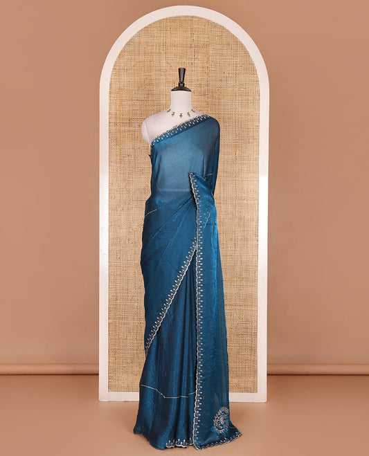 Rama blue micro stonework Fendi chiffon saree, scallop micro stonework border, stonework paisley pallu, and matching micro stone work blouse