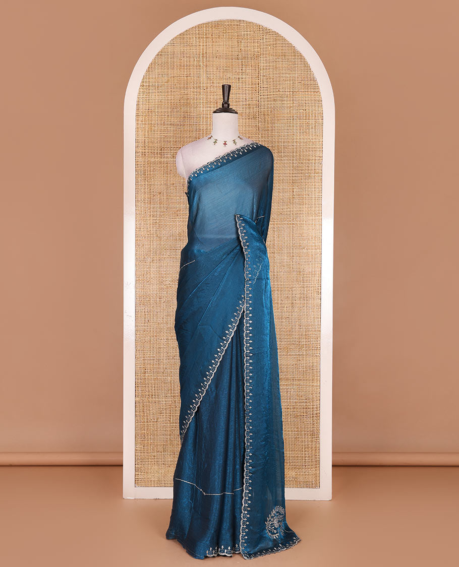 Rama blue micro stonework Fendi chiffon saree, scallop micro stonework border, stonework paisley pallu, and matching micro stone work blouse